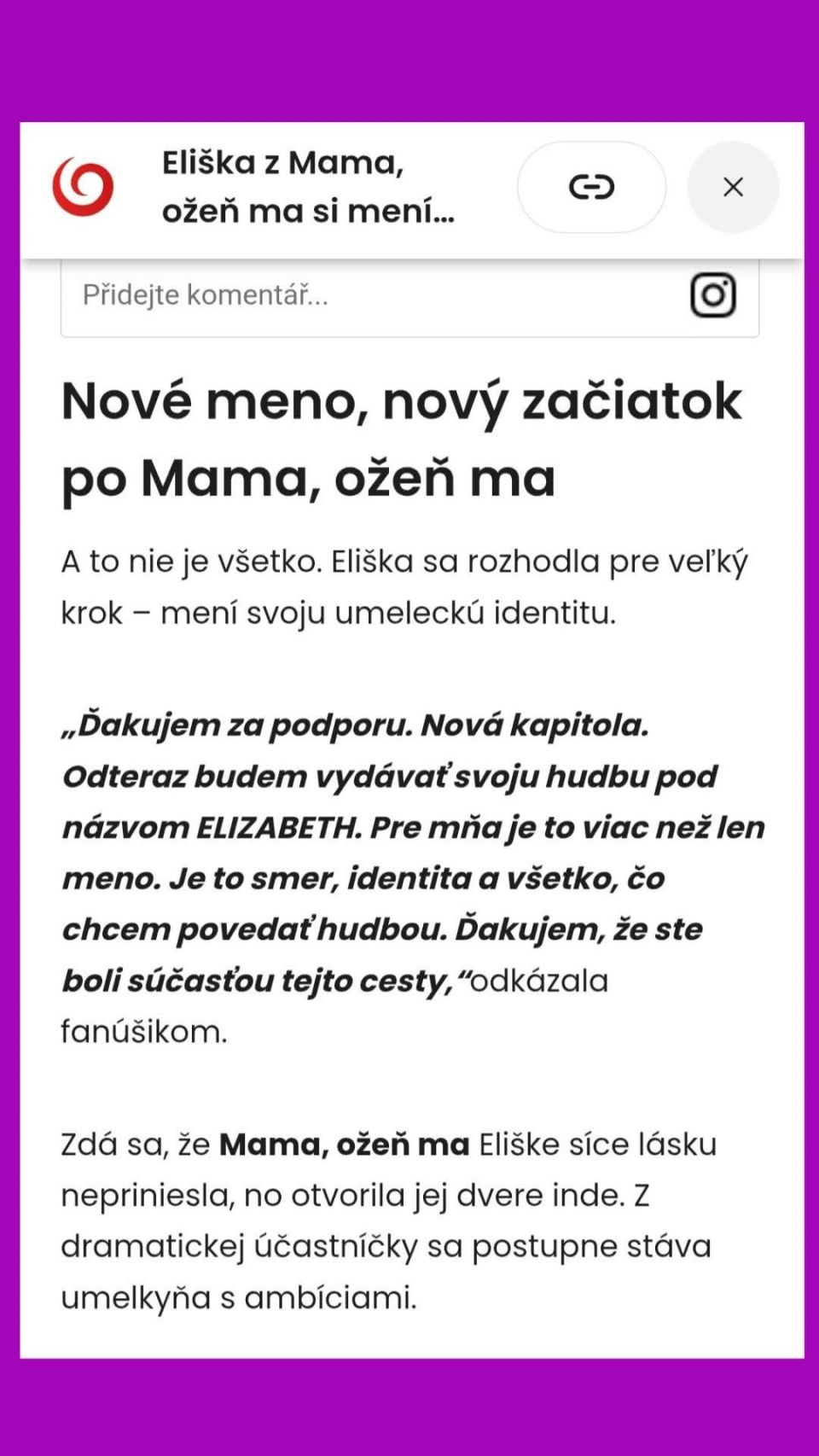 Velice děkuji za tento článek. 🫶[https://www.joj.sk/clanok/1203245-eliska-z-mama-ozen-ma-si-meni-meno-zacina-po-skandale-s-lukasom-novy-zivot] Mama, ožeň ma Televízia JOJ JOJ PLAY  #eliskasladeckova #tvjoj #mamaozenma #tvshow #Elizabeth #ElizabethRayVictoria