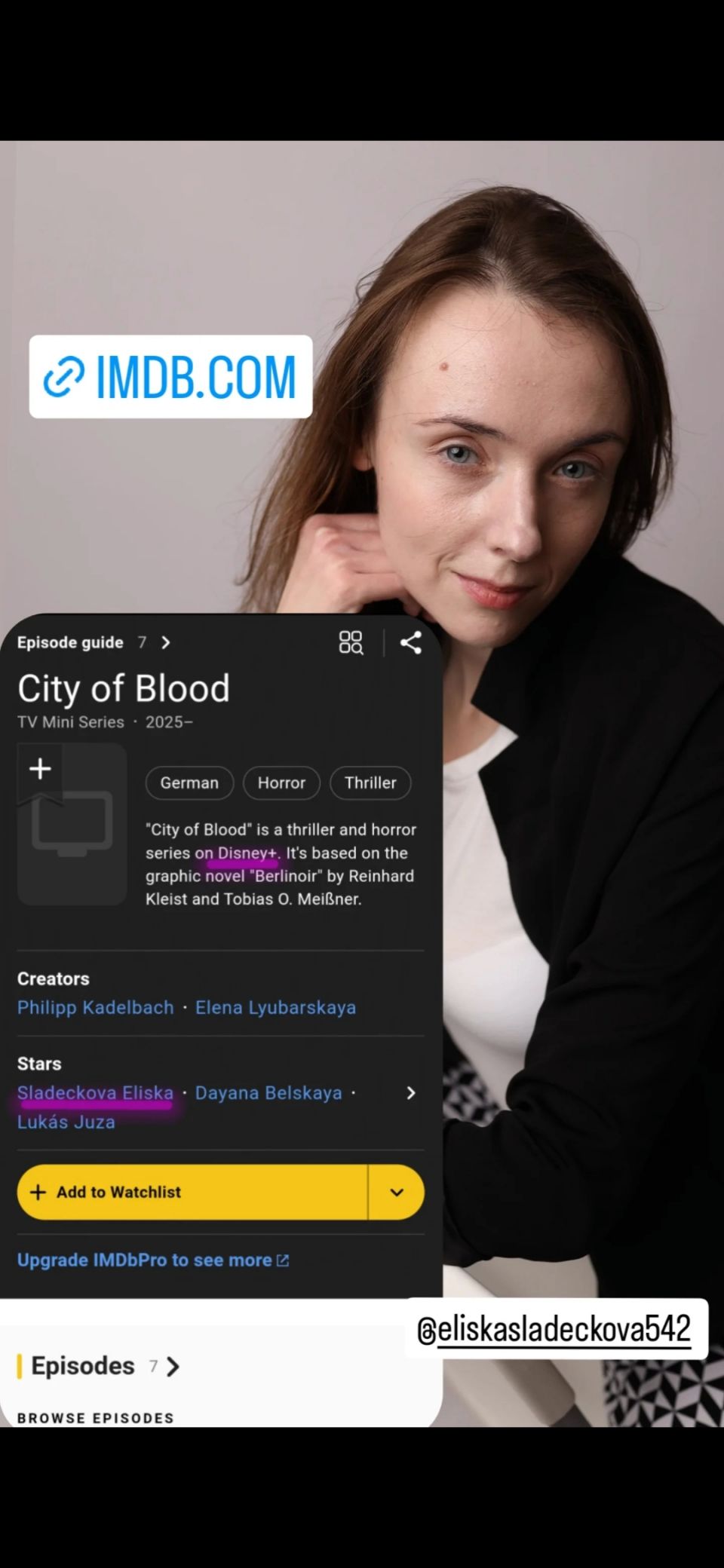 ⭐ Natáčela jsem pro DISNEY ⭐❇️ Léto  pro mě bylo neuvěřitelným zážitkem. 🟧 Měla jsem tu čest natáčet pro DISNEY v seriálu CITY OF BLOOD, kde jsem hrála upírku. 🧛‍♀️❇️ Tento projekt pro mě znamená nejen splněný sen, ale i příležitost, kterou jsem si vždy přála – být součástí světa DISNEY. 💟✨️⭐ 🟧 Natáčela jsem po boku takových hereckých osobností jako jsou Lars Eidinger a  Jenny Schily a pracovat pod režijním vedením Philippa Kadelbacha. 💟 😊 🟢 Seriál:  CITY OF BLOOD 🟡 Produkce:  DISNEY +🟢 Režie: Philipp Kadelbach  ✴️ Scénář: Daniela Baumgärtl, Philipp Kadelbach, Bernd Lange, Kim Zimmermann #eliskasladeckova #Disney #Disneyplus #actress #life #jobs #love #dream #happy #best  #fypreels #serial #shooting #tv #tvserial #fyp #fyppp #fypage  #fypシ゚viral #fypシ #fypシ゚ #fypviral...