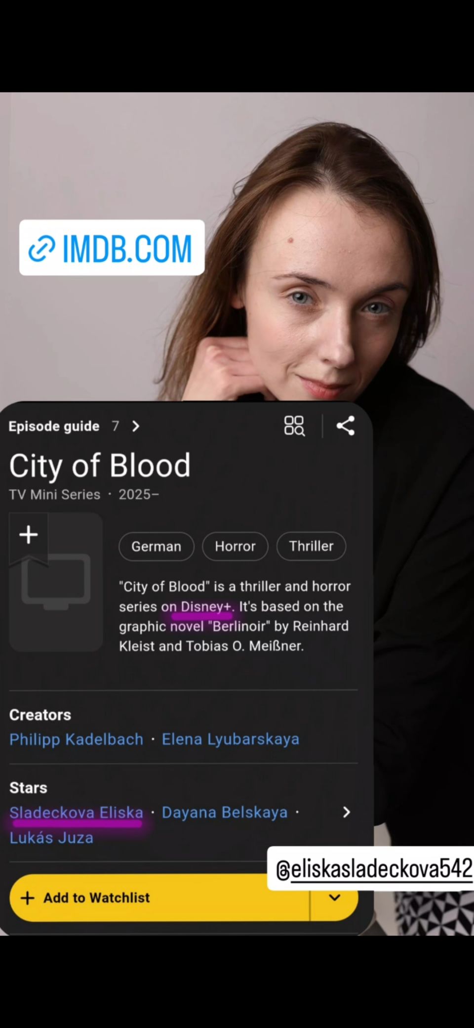 ⭐ Natáčela jsem pro DISNEY ⭐❇️ Léto  pro mě bylo neuvěřitelným zážitkem. 🟧 Měla jsem tu čest natáčet pro DISNEY v seriálu CITY OF BLOOD, kde jsem hrála upírku. 🧛‍♀️❇️ Tento projekt pro mě znamená nejen splněný sen, ale i příležitost, kterou jsem si vždy přála – být součástí světa DISNEY. 💟✨️⭐ 🟧 Natáčela jsem po boku takových hereckých osobností jako jsou Lars Eidinger a  Jenny Schily a pracovat pod režijním vedením Philippa Kadelbacha. 💟 😊 🟢 Seriál:  CITY OF BLOOD 🟡 Produkce:  DISNEY +🟢 Režie: Philipp Kadelbach  ✴️ Scénář: Daniela Baumgärtl, Philipp Kadelbach, Bernd Lange, Kim Zimmermann#eliskasladeckova #Disney #Disneyplus #actress #life #jobs #love #dream #happy #best  #fypreels #serial #shooting #tv #tvserial #fyp #fyppp #fypage  #fypシ゚viral #fypシ #fypシ゚ #fypviral...