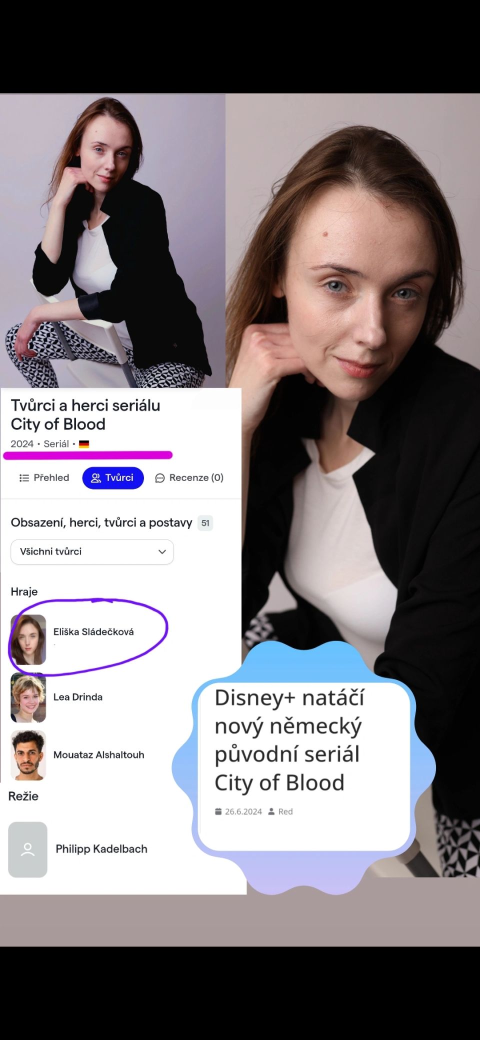 ⭐ Natáčela jsem pro DISNEY ⭐❇️ Léto  pro mě bylo neuvěřitelným zážitkem. 🟧 Měla jsem tu čest natáčet pro DISNEY v seriálu CITY OF BLOOD, kde jsem hrála upírku. 🧛‍♀️❇️ Tento projekt pro mě znamená nejen splněný sen, ale i příležitost, kterou jsem si vždy přála – být součástí světa DISNEY. 💟✨️⭐ 🟧 Natáčela jsem po boku takových hereckých osobností jako jsou Lars Eidinger a  Jenny Schily a pracovat pod režijním vedením Philippa Kadelbacha. 💟 😊 🟢 Seriál:  CITY OF BLOOD 🟡 Produkce:  DISNEY +🟢 Režie: Philipp Kadelbach ✴️ Scénář: Daniela Baumgärtl, Philipp Kadelbach, Bernd Lange, Kim Zimmermann#eliskasladeckova #Disney #Disneyplus #actress #life #jobs #love #dream #happy #best  #fypreels #serial #shooting #tv #tvserial #fyp #fyppp #fypage  #fypシ゚viral #fypシ #fypシ゚ #fypviral...