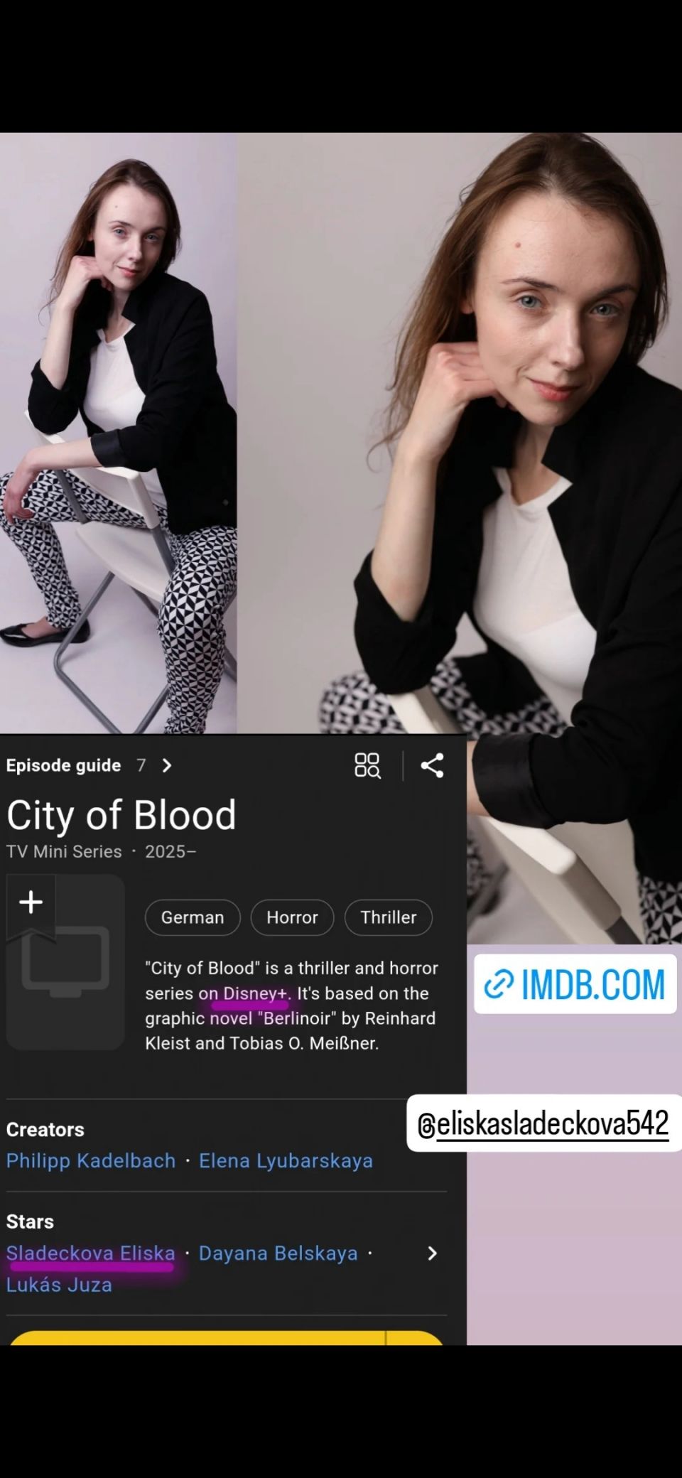 ⭐ Natáčela jsem pro DISNEY ⭐❇️ Léto  pro mě bylo neuvěřitelným zážitkem. 🟧 Měla jsem tu čest natáčet pro DISNEY v seriálu CITY OF BLOOD, kde jsem hrála upírku. 🧛‍♀️❇️ Tento projekt pro mě znamená nejen splněný sen, ale i příležitost, kterou jsem si vždy přála – být součástí světa DISNEY. 💟✨️⭐ 🟧 Natáčela jsem po boku takových hereckých osobností jako jsou Lars Eidinger a  Jenny Schily a pracovat pod režijním vedením Philippa Kadelbacha. 💟 😊 🟢 Seriál:  CITY OF BLOOD 🟡 Produkce:  DISNEY +🟢 Režie: Philipp Kadelbach  ✴️ Scénář: Daniela Baumgärtl, Philipp Kadelbach, Bernd Lange, Kim Zimmermann#eliskasladeckova #Disney #Disneyplus #actress #life #jobs #love #dream #happy #best  #fypreels #serial #shooting #tv #tvserial #fyp #fyppp #fypage  #fypシ゚viral #fypシ #fypシ゚ #fypviral...